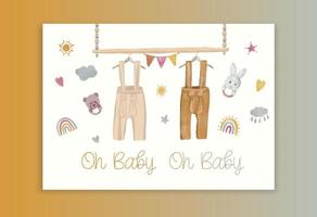 Oh Baby card with watercolor baby toy and clothes. Rustic Dusty Floral Cottagecore Gender Reveal invitation for baby shower party. vector