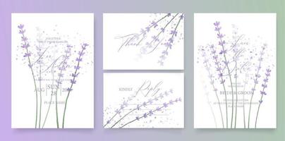 plantilla de invitación de boda, con lavanda acuarela y caligrafía. vector