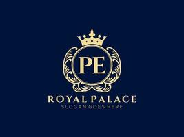 Letter PE Antique royal luxury victorian logo with ornamental frame. vector