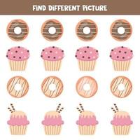 Find donut and cupcake which is different from others. Worksheet for kids. vector
