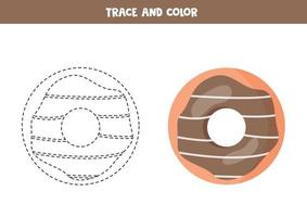 Trace and color cartoon donut. Worksheet for children. vector