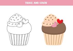 Trace and color cartoon cupcake. Worksheet for children. vector