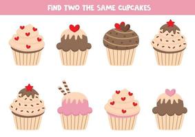 Find two cute identical muffins. Educational game for preschool children. vector