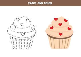 Trace and color cartoon cupcake. Worksheet for children. vector