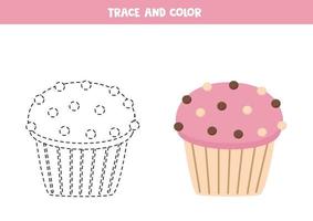 Trace and color cartoon cupcake. Worksheet for children. vector