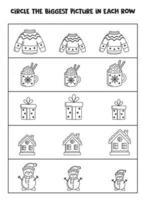 Big or small. Find the biggest picture in each row. Black and white worksheet. vector