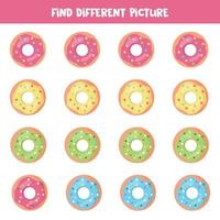 Find colorful and cute donut which is different from others. Worksheet for kids. vector