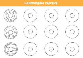 Tracing lines for kids with black and white doughnuts. Writing practice. vector