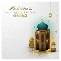 Happy New Hijri Year Muharram Greeting Islamic Background vector design with arabic calligraphy, crescent, lantern and kaaba for wallpaper, banner, cover, brosur, illustration and decoration