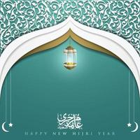 feliz nuevo año hijri muharram saludo diseño de vector de fondo islámico con caligrafía árabe, media luna, linterna y kaaba para papel tapiz, pancarta, portada, brosur, ilustración y decoración