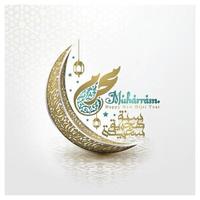 feliz nuevo año hijri muharram saludo diseño de vector de fondo islámico con caligrafía árabe, media luna, linterna y kaaba para papel tapiz, pancarta, portada, brosur, ilustración y decoración