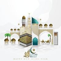 Happy New Hijri Year Muharram Greeting Islamic Background vector design with arabic calligraphy, crescent, lantern and kaaba for wallpaper, banner, cover, brosur, illustration and decoration