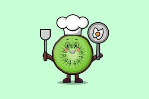 Cute cartoon Kiwi fruit chef hold pan and spatula vector