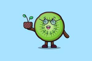 lindo dibujo animado de kiwi con planta en una olla vector