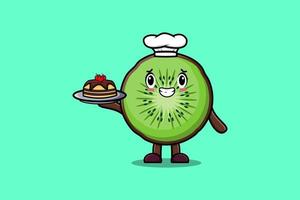 Cute dibujos animados chef kiwi sirviendo pastel en bandeja vector
