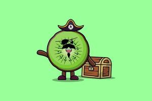 pirata de dibujos animados lindo kiwi con caja del tesoro vector