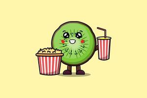 Cute cartoon Kiwi fruit with popcorn and drink vector