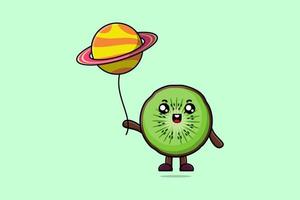 lindo kiwi de dibujos animados flotando con el planeta vector