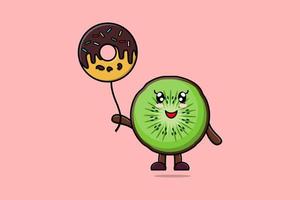 lindo kiwi de dibujos animados flotando con donuts vector