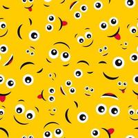 Cartoon faces with emotions. Seamless pattern with different emoticons on yellow background. Vector illustration