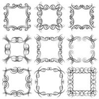 Set of nine square black monogram elements on a white background. Vector illustration.
