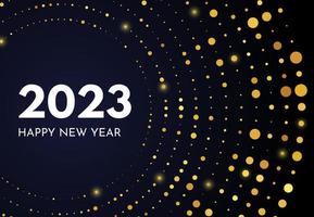 2023 Happy New Year of gold glitter pattern in circle form. Abstract gold glowing halftone dotted background for Christmas holiday greeting card on dark background. Vector illustration