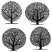 Set of four black trees with leaves on white background. Vector illustration