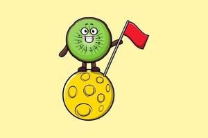 Linda fruta de kiwi de dibujos animados de pie en la luna con bandera vector