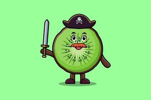 Cute dibujos animados mascota kiwi fruta pirata sostener espada vector