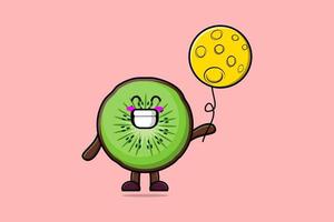 Cute cartoon Kiwi fruit floating with moon vector