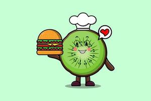 personaje de chef de fruta de kiwi de dibujos animados lindo sostener hamburguesa vector