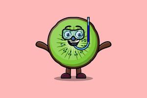 Cute cartoon Kiwi fruit diver with swimming glass vector