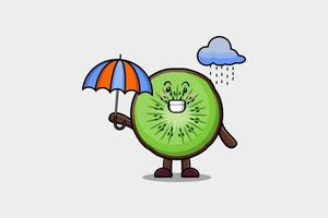 linda caricatura de kiwi bajo la lluvia con paraguas vector