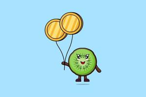 Cute cartoon Kiwi fruit floating with gold coin vector