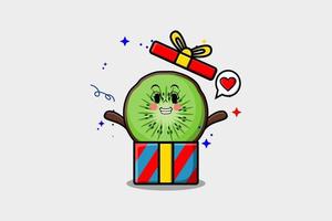 lindo personaje de dibujos animados de kiwi con caja de regalo vector