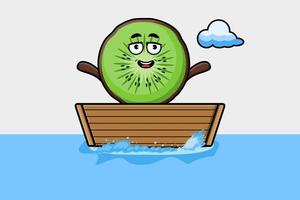 cute cartoon Kiwi fruit get on boat illustration vector