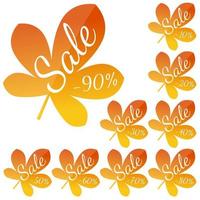 Set of autumn yellow-red leaves with inscription Sale. Discounts from 10 to 90 percent. Vector illustration.