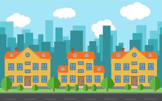 Vector city with cartoon houses and buildings. City space with road on flat style background concept. Summer urban landscape. Street view with cityscape on a background