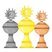 Set of vector trophy champion cups in gold, silver and bronze. Championship prizes for first, second and third place. Victory symbols isolated on white background.