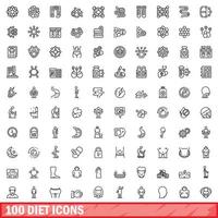 100 diet icons set, outline style vector