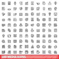 100 media icons set, outline style vector