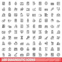 100 iconos de diagnóstico establecidos, estilo de esquema vector