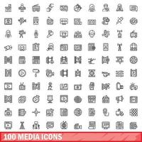 100 media icons set, outline style vector