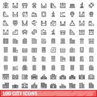 100 city icons set, outline style vector