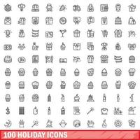 100 iconos de vacaciones, estilo de esquema vector