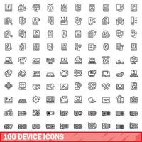 100 device icons set, outline style vector