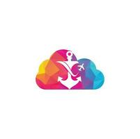 Anchor and airplane cloud shape concept logo design template. Anchor and airplane symbol or icon. Unique travel and flight logotype design template. vector