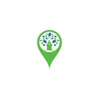 plantilla de diseño de logotipo de concepto de forma de pin de mapa de árbol de pluma. diseño de logotipo de empresa creativa de hoja de árbol de pluma vector