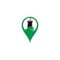 diseño de logotipo de concepto de forma de pin de mapa de castillo y hoja. torre y eco símbolo o icono. vector de concepto de diseños de logotipo de castillo de naturaleza