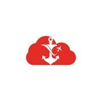 Anchor and airplane cloud shape concept logo design template. Anchor and airplane symbol or icon. Unique travel and flight logotype design template. vector